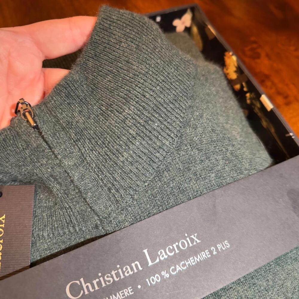 Christian Lacroix 1/4 zip neck sweater Men XL Dark Green/Bottle  100%Cashmere